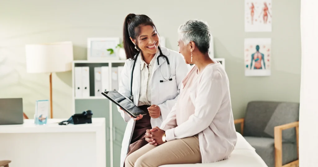 A dentist discussing airway treatment with a patient